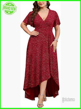 Plus Size Sparkly Formal Maxi Dress V Neck High Low Hem Ruched Evening Gown